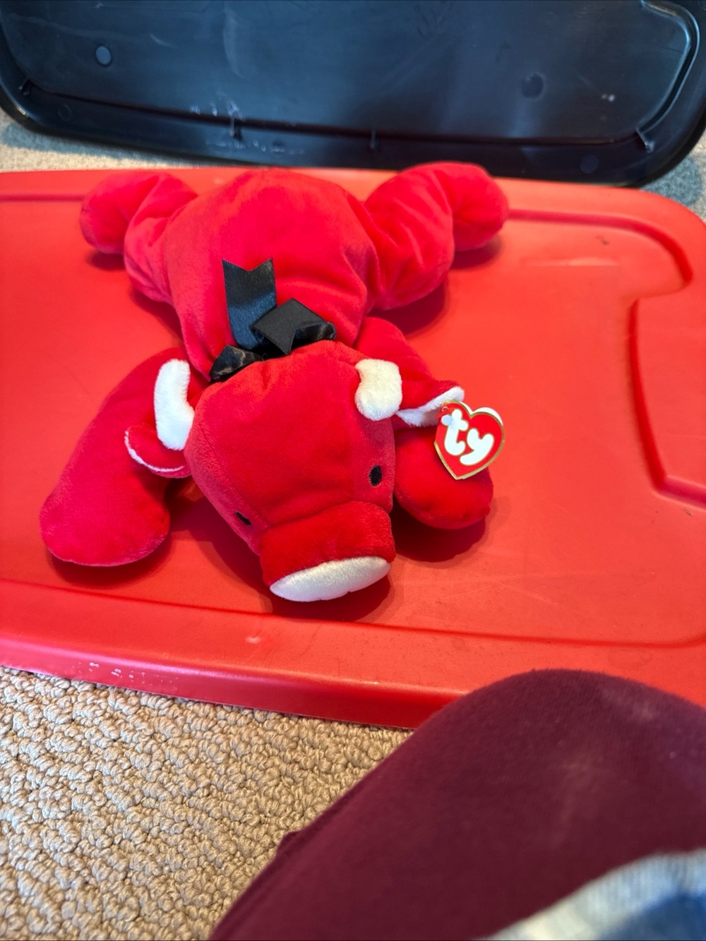 Ty Red Bull Plush with Black Ribbon and Heart Tag